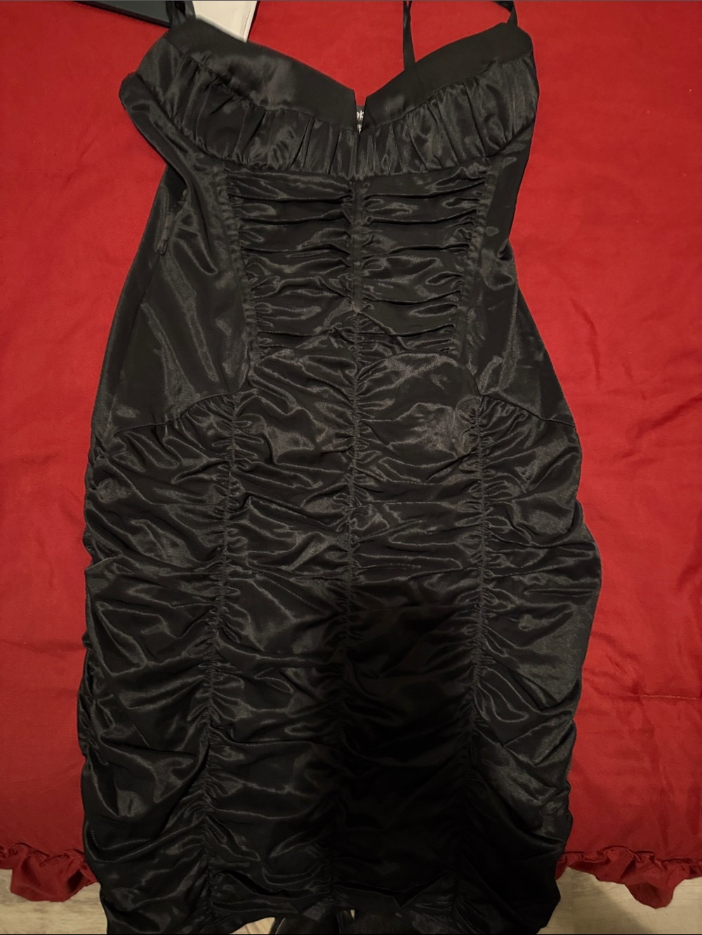 bebe Black Strapless Ruched Satin Bodycon Dress